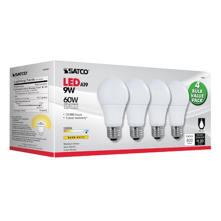 Satco Satco Type A A19 E26 (Medium) LED Bulb Natural Light 60 Watt Equivalence 4 pk S39597